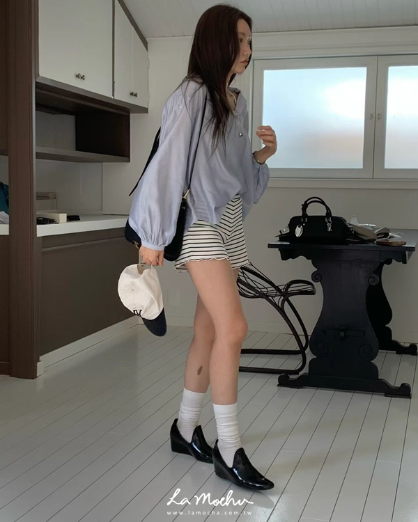 褲管捲邊素色條紋棉褲